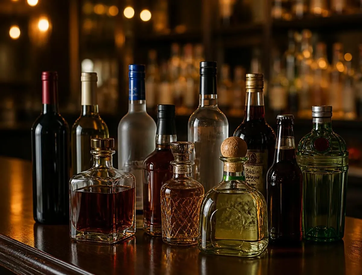 A variety of alcohol bottles including whisky, vodka, tequila, rum, gin, cognac, wine and beer arranged on a bar counter
