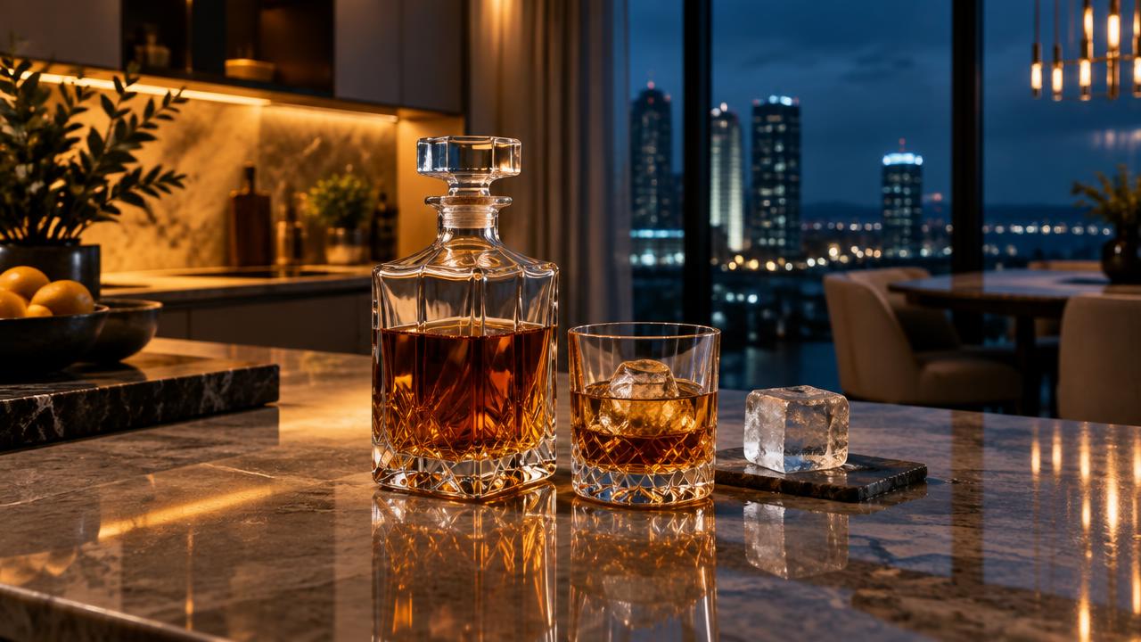 Whiskey decanter and rocks glass on a modern Mississauga kitchen island